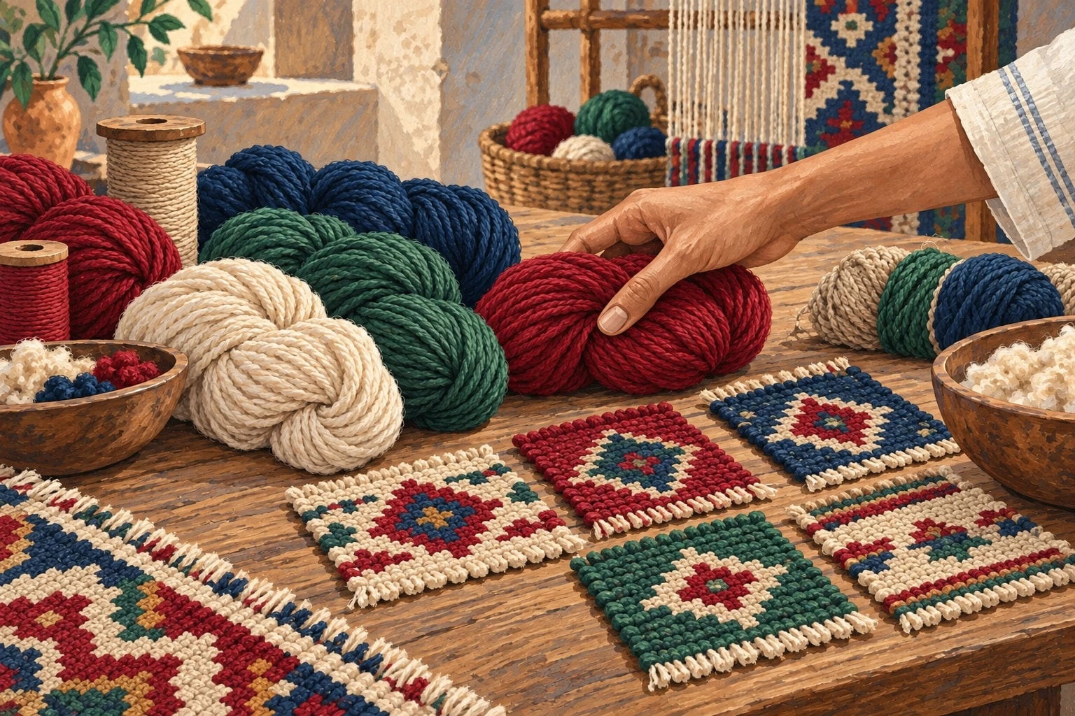 Illustration of crimson, indigo and green yarns with geometric rug swatches for colour selection