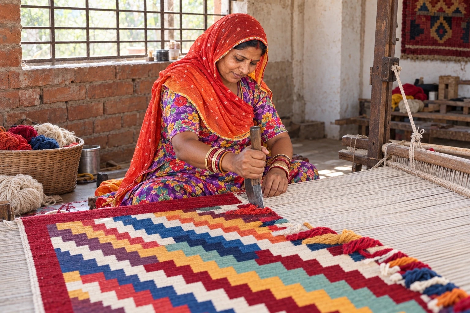 Illustrative scene of an artisan in an orange headscarf working on a vivid stepped-diamond rug on a wooden loom