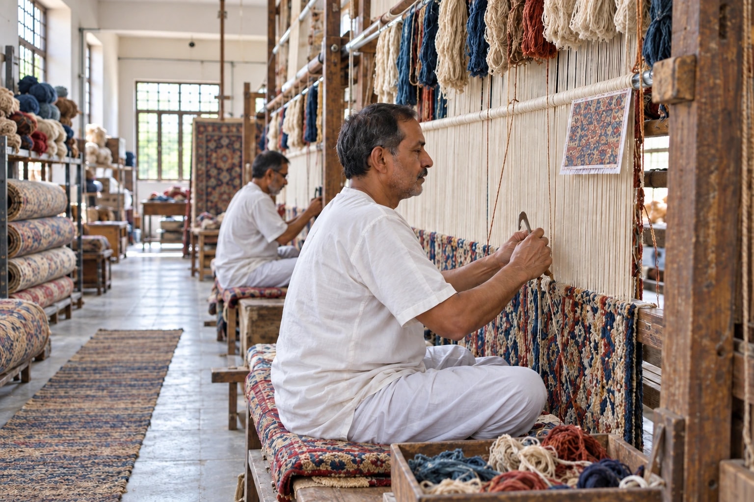 Illustrative scene of an artisan in white weaving a patterned rug on an upright wooden loom in a sunlit workshop