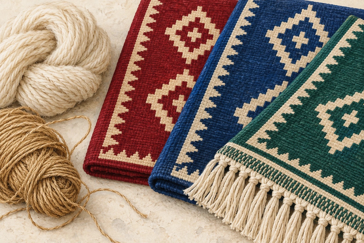 Illustrative close-up of natural wool and jute beside crimson, indigo and emerald rug samples with visible woven edges and ivory fringe
