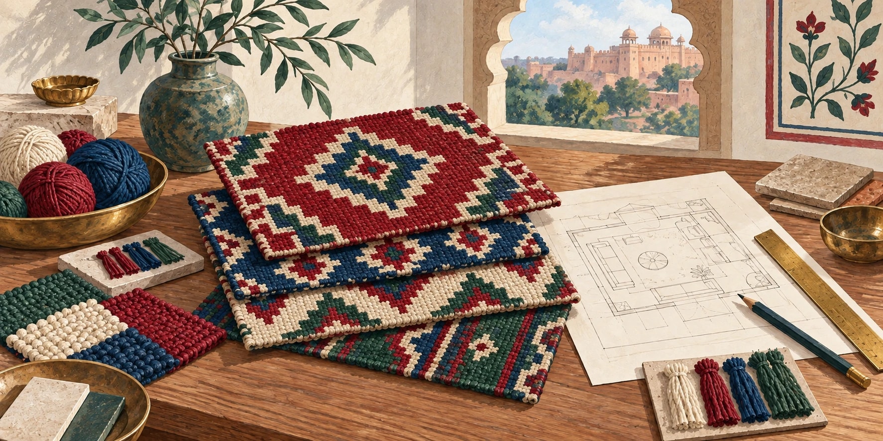 Illustration of a designer’s worktable with red, blue and green rug swatches, yarn and a room plan