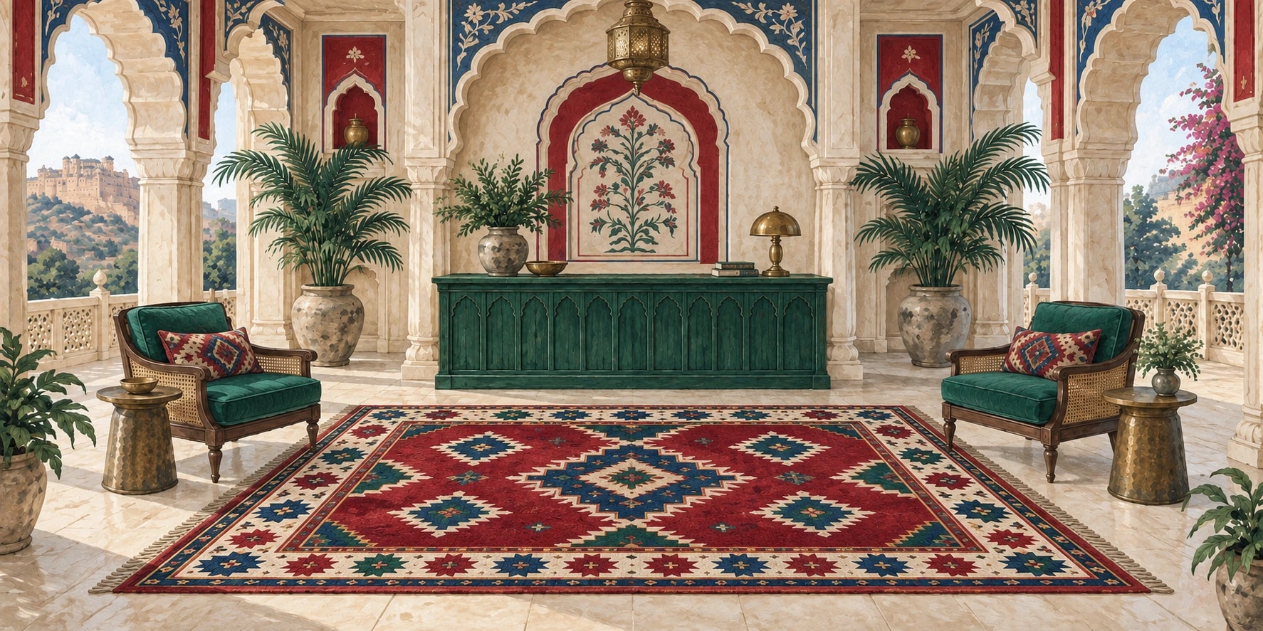Illustration of a heritage hotel lounge with a red and blue patterned rug and emerald furnishings